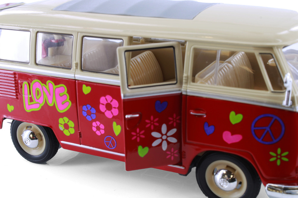 1963 Volkswagen Classical T1 Bus w/Love/Peace Decals, Red - Welly 22095A3/4D - 1/24 Scale Diecast Model Car