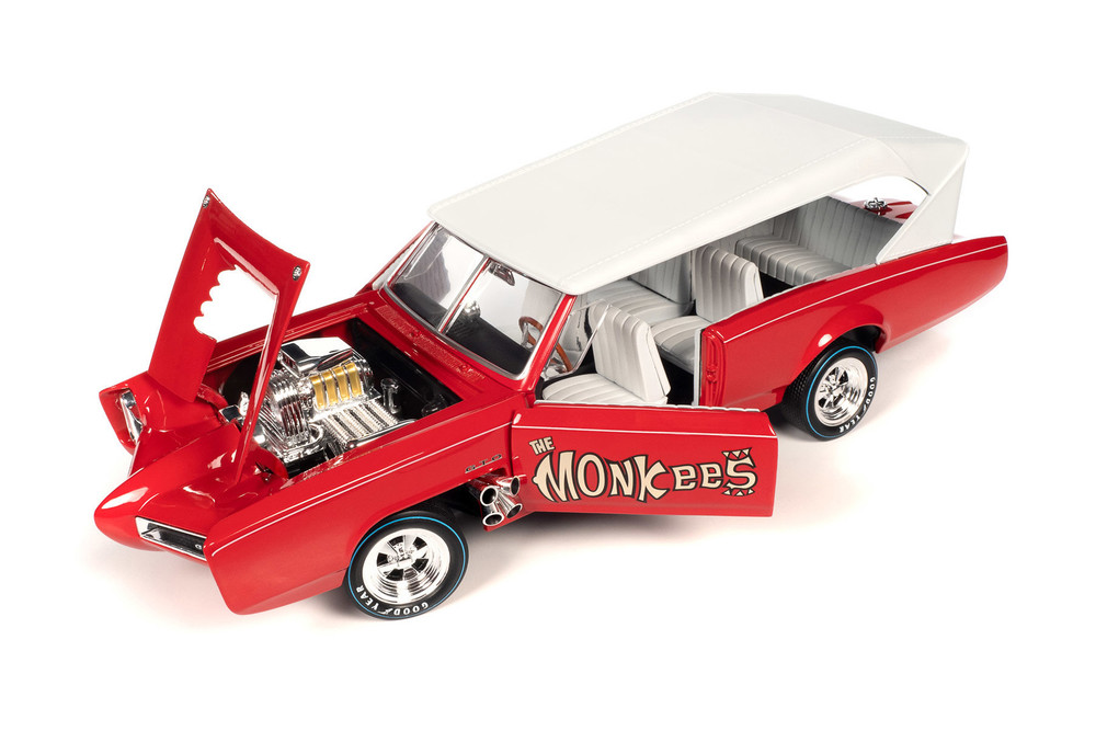 1966 Monkeemobile w/Monkees Figure Cutouts, Red w/White Roof - Auto World AWSS144 - 1/18 Scale Diecast Model Toy Car
