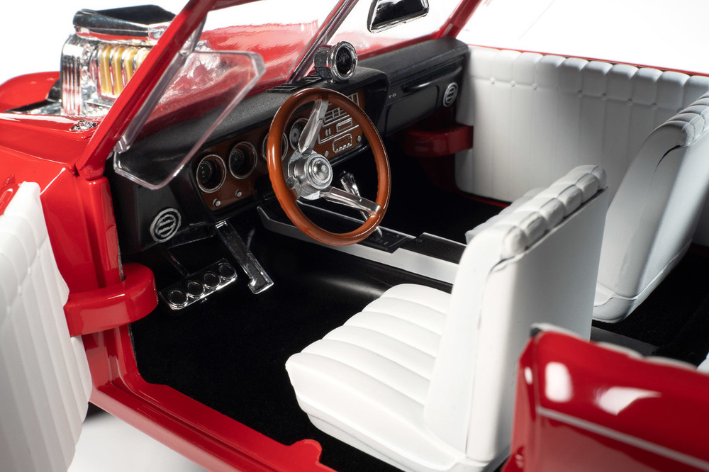 1966 Monkeemobile w/Monkees Figure Cutouts, Red w/White Roof - Auto World AWSS144 - 1/18 Scale Diecast Model Toy Car