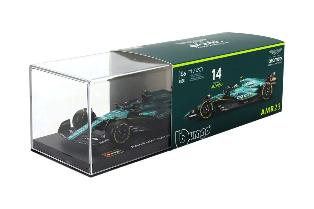 2023 Aston Martin AMR23 w/Driver, #14 Fernando Alonso - Bburago 18