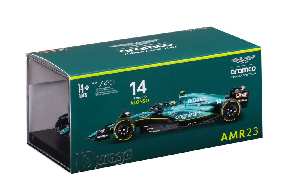 2023 Aston Martin AMR23 w/Driver, #14 Fernando Alonso - Bburago 18