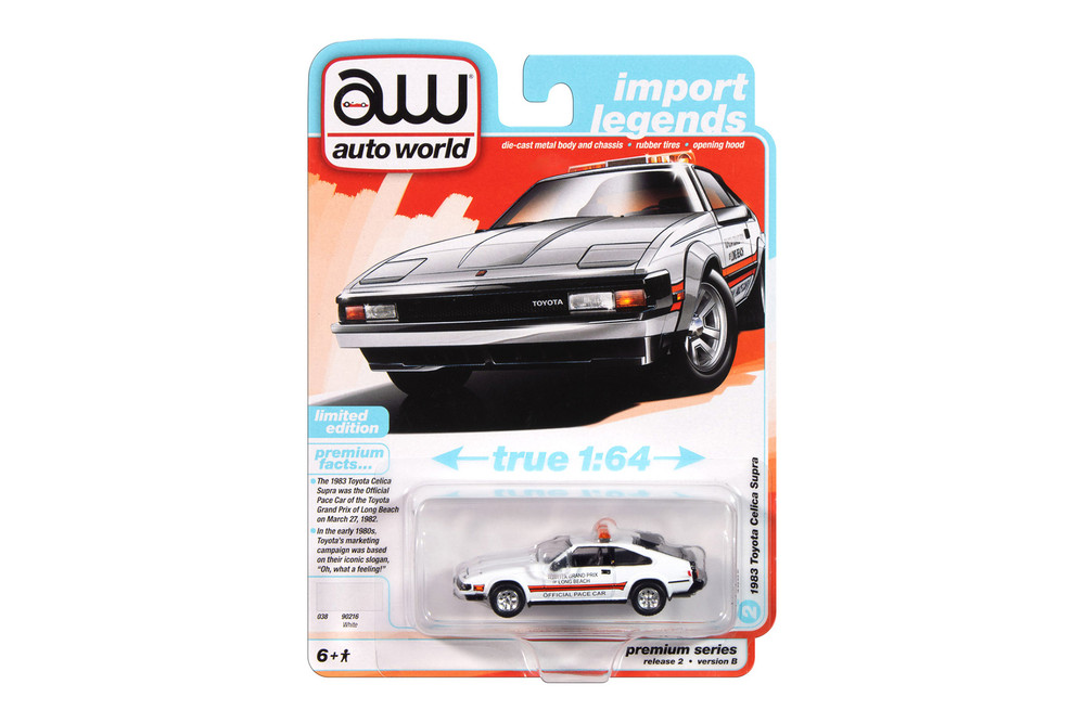 1983 Toyota Celica Supra, White w/Orange Stripe - Auto World AW64442/48B - 1/64 Scale Diecast Model Toy Car
