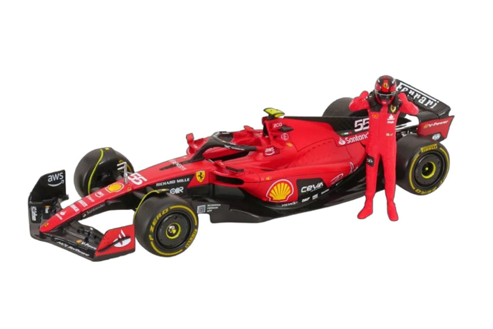 Ferrari SF-23 w/Driver Figure, #55 Carlos Sainz - Bburago 18-26809/55 - 1/24 Scale Diecast Model Toy Car
