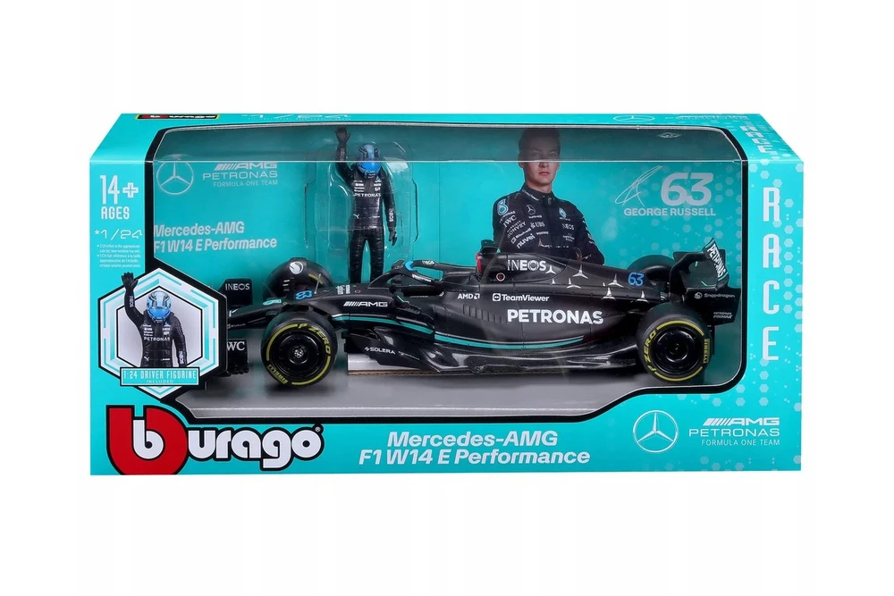 2023 Mercedes-Benz AMG Petronas F1 Team w/Driver, #63 George Russell - Bburago 18-28037/63 - 1/24 Scale Diecast Model Car
