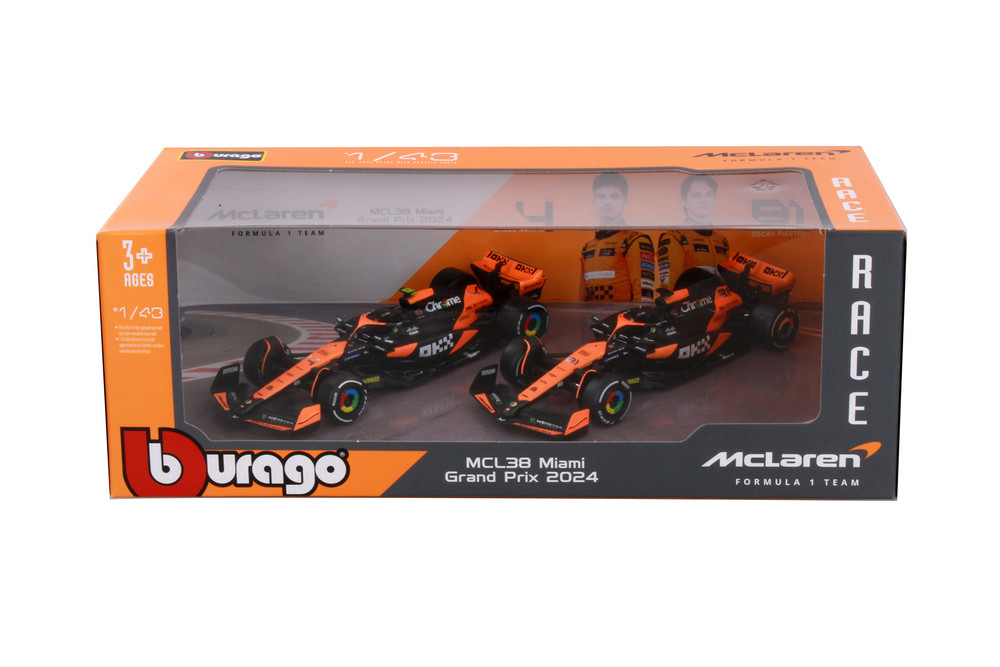 2024 McLaren MCL38 Team 2-Pack, Black/Orange - Bburago 18-38202