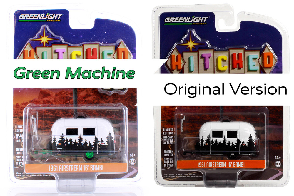 GREEN MACHINE 1961 Airstream 16’ Bambi Travel Trailer, White - Greenlight 34120E - 1/64 scale Diecast Car