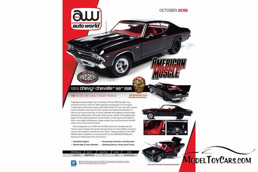 1969 Chevy Chevelle SS 396 Hardtop, Tuxedo Black - Auto World AMM1190 - 1/18 scale Diecast Model Toy Car