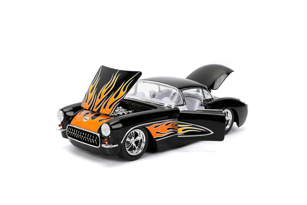 1957 Chevy Corvette Hardtop, Black w/Flames - Jada Toys 36300 - 1/24 Scale Diecast Model Toy Car