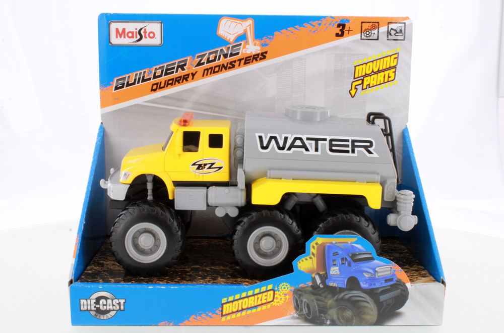 Builder Zone Quarry Monsters Water Tanker Truck Motorized 6-Wheeler, Yellow - Maisto 21194 - 8.5" Scale Diecast Model Toy Car
