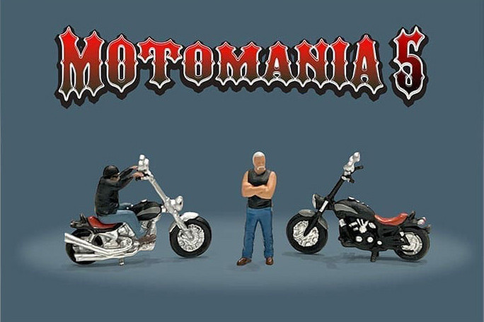 Motomania 5 Figure and Bike 4 pc. Set, Asstd - American Diorama AD-76512MJ - 1/64 Scale Figurine - Diorama Accessory