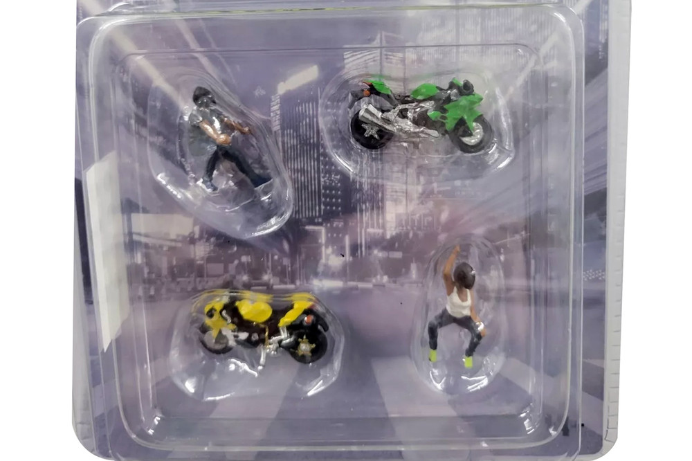 Motomania 3 Figure and Bike 4 pc. Set, Asstd - American Diorama AD-76499MJ - 1/64 Scale Figurine - Diorama Accessory