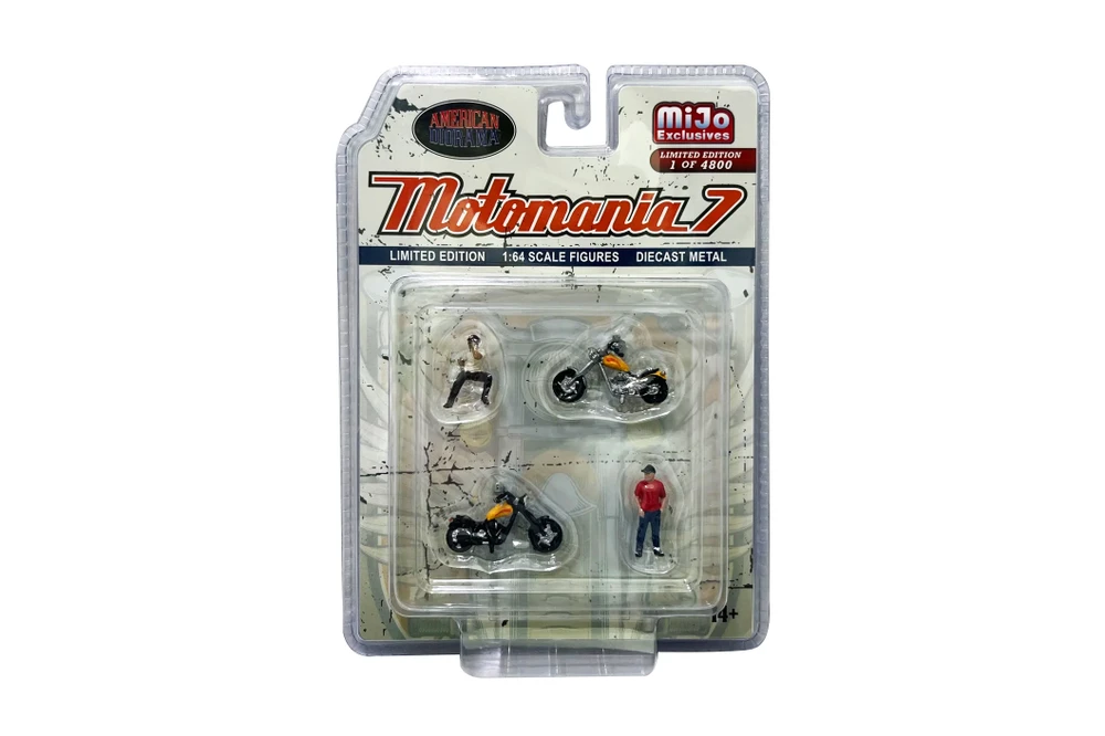 Motomania 7 Figure and Bike 4 pc. Set, Asstd - American Diorama AD-76520MJ - 1/64 Scale Figurine - Diorama Accessory