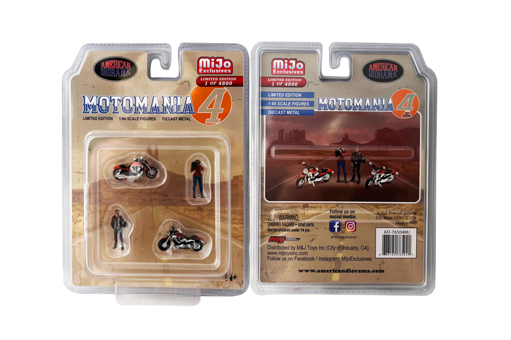 Motomania 4 Figure and Bike 4 pc. Set, Asstd - American Diorama AD-76504MJ - 1/64 Scale Figurine - Diorama Accessory