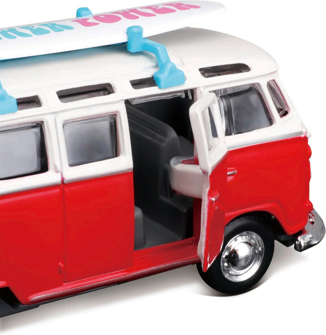 2021 Volkswagen Van Samba w/Surfboard, Red - Maisto 21237 - 1/40 Scale Diecast Model Toy Car