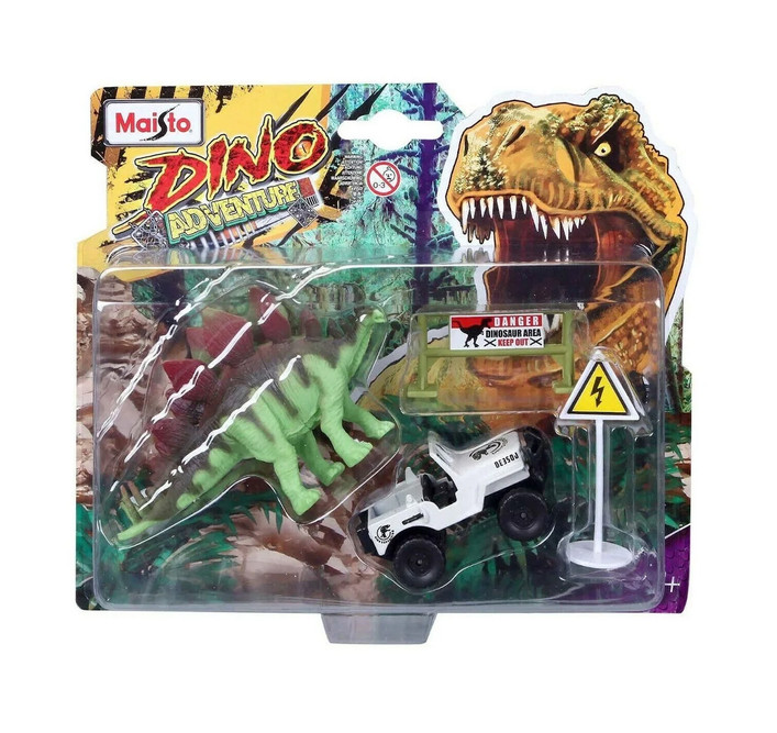 Dino Adventure Dino Expedition Vehicle w/Stegosaurus & Danger Signs, Gray - Maisto 15462 - 1/64 Scale Diecast Model Toy Car