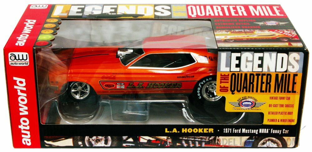 1971 L.A. Hooker Ford Mustang NHRA Funny Car, Orange w/ Red Stripes - Auto World Legends - 1/18 scale diecast model car