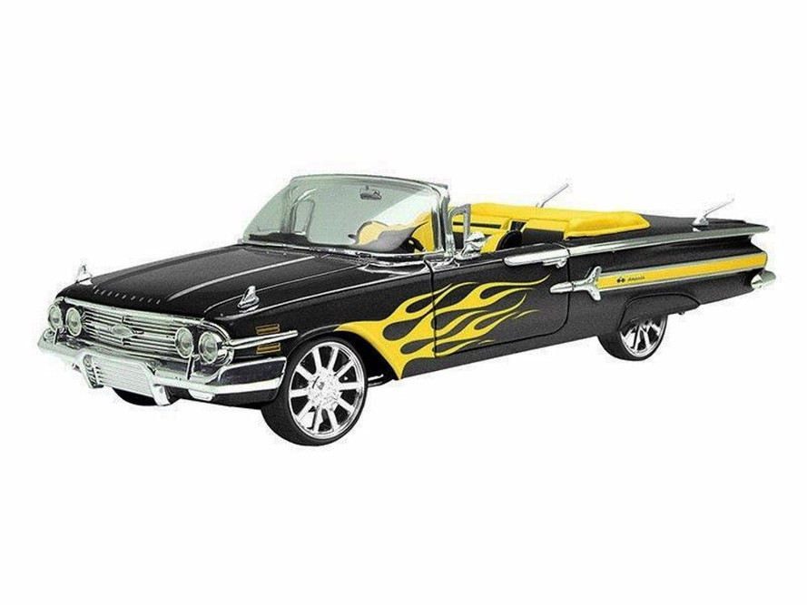 1960 Chevy Impala Convertible, Black With Yellow Flames - Motormax Custom Classics 79009 - 1/18 Scale Diecast Model Car