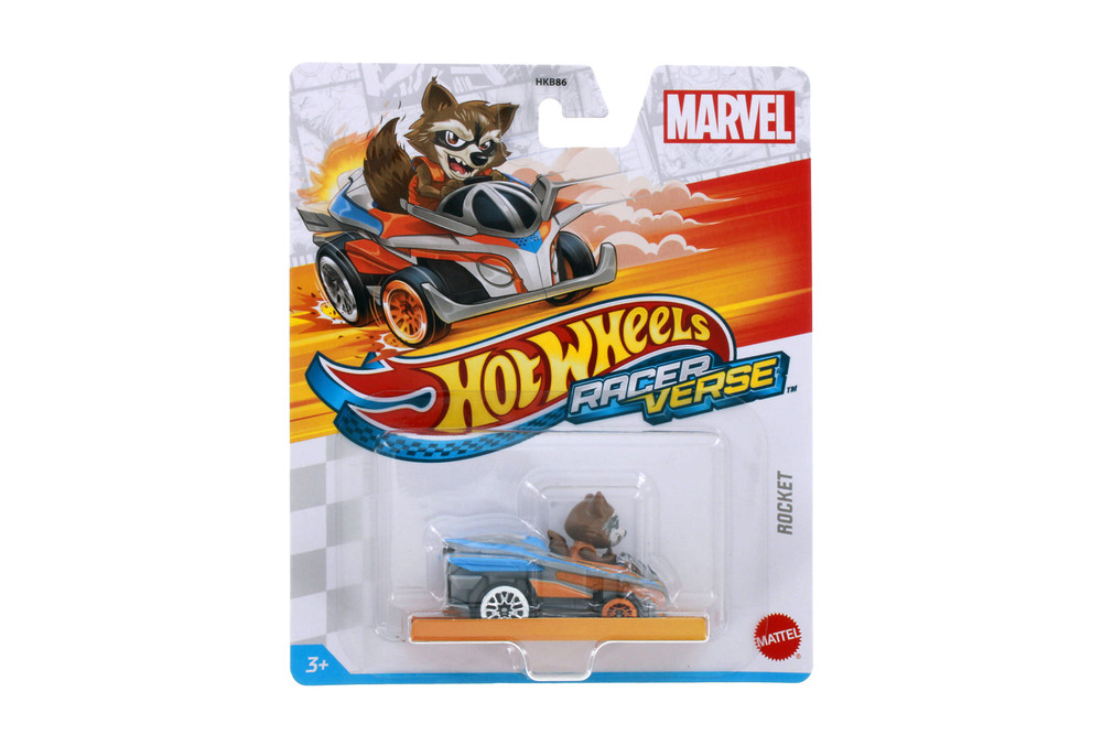 Rocket Racoon, Marvel, Silver w/Blue & Orange Stripes - Mattel Hot Wheels HKB86956M - 2.25" Scale Diecast Model Toy Car