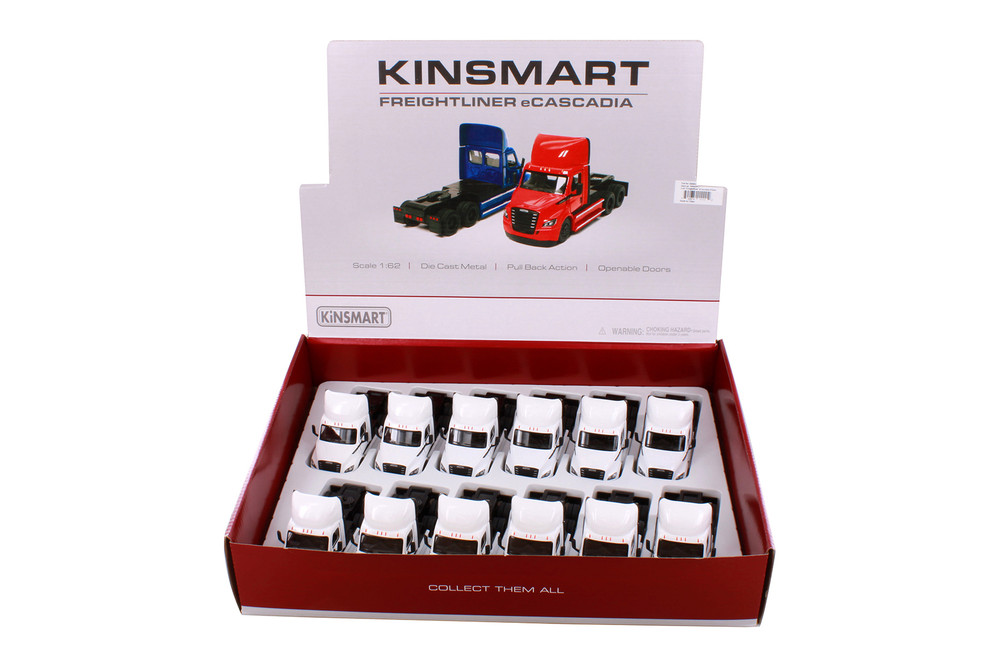 Box of 12 Freightliner eCascadia, White - Kinsmart 5466DW - 1/60 Scale Diecast Model Toy Cars