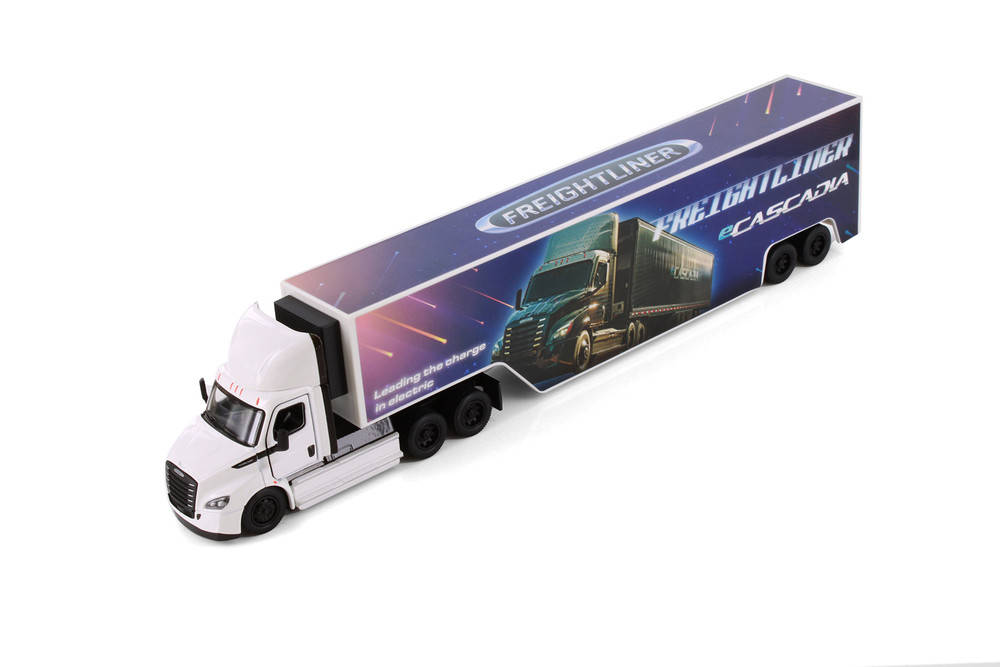 Box of 4 Freightliner eCascadia with Container, Assortment - Kinsmart 1303D - 1/60 Scale Diecast Model Toy Cars