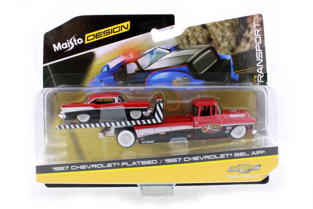 Oldies Towing 1957 Chevy Flatbed w/Chevy Bel Air, Red - Maisto