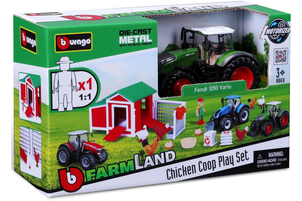 Fendt 1050 Vario Farm Tractor w/Chicken Coop Play Set, Green - Bburago 18-31681 - 4.75" Scale Diecast Model Toy Car