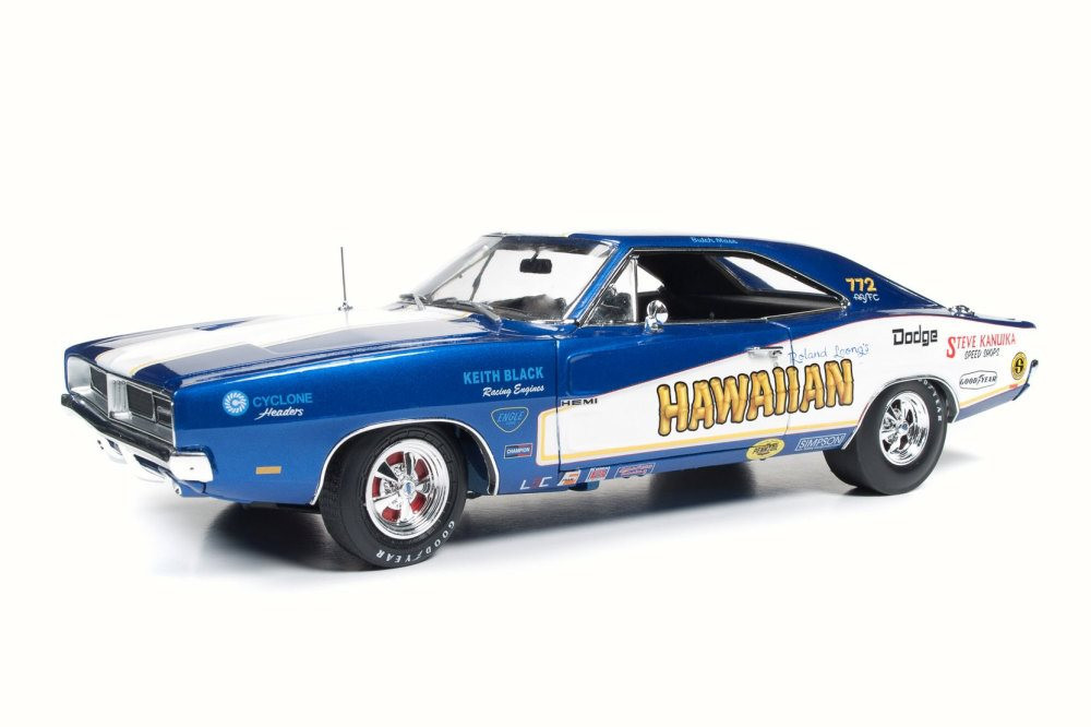 1969 Dodge Charger Hawaiian NHRA Funny Car, Blue - Auto World AW231 - 1/18 Scale Diecast Model Toy Car