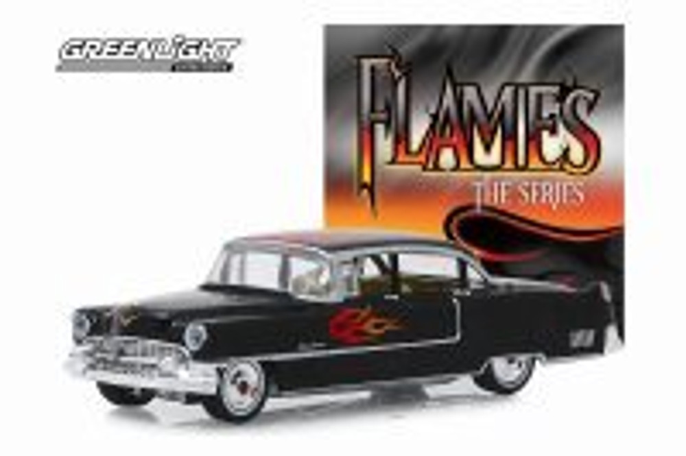 1955 Cadillac Fleetwood Series 60 Special, Black w/Flames - Greenlight 30105 - 1/64 Diecast Car