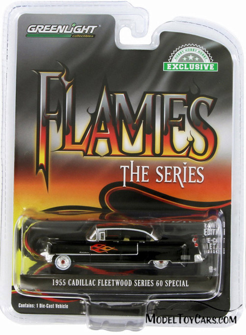 1955 Cadillac Fleetwood Series 60 Special, Black w/Flames - Greenlight 30105 - 1/64 Diecast Car