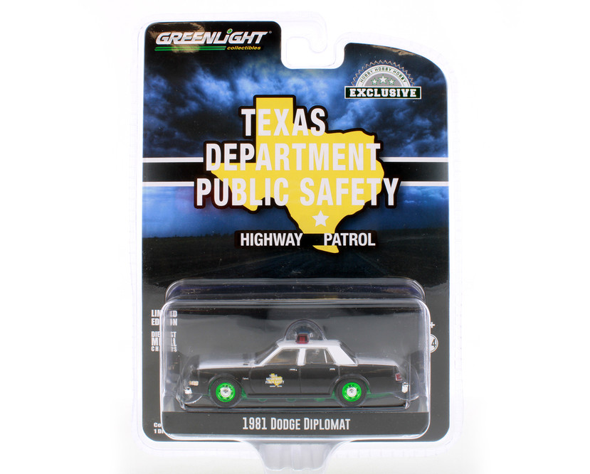 GREEN MACHINE Texas Department of Public Safety 1981 Dodge Diplomat Highway Patrol, White with Black - Greenlight 30303/48 - 1/64 scale Diecast Model Toy Car