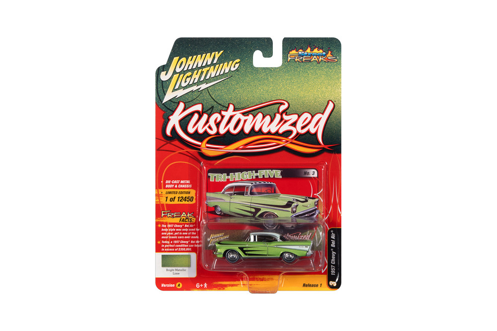 1957 Chevy Bel Air, Lime Green Metallic - Johnny Lightning JLSF023/48A - 1/64 Scale Diecast Model Toy Car
