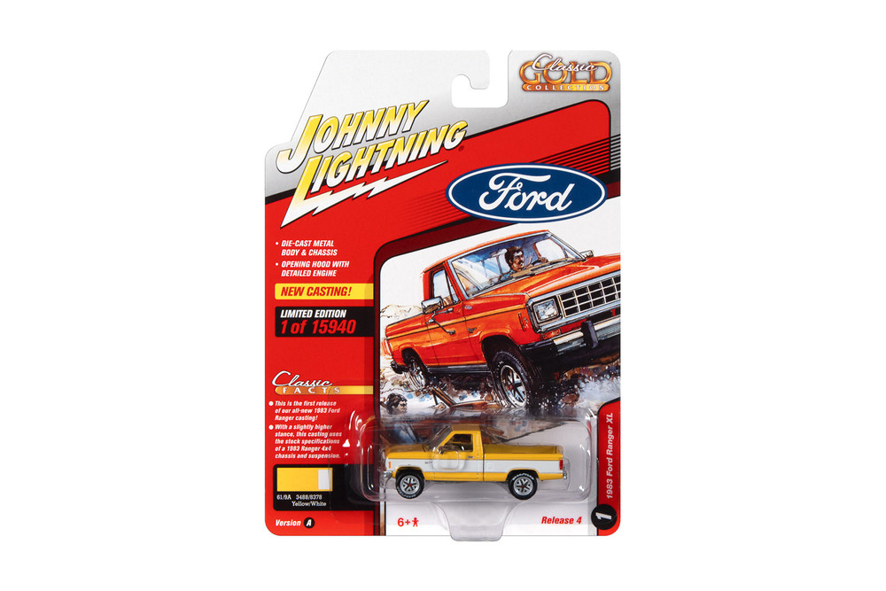 1983 Ford Ranger, Yellow w/White Two-Tone - Johnny Lightning JLCG027/48A - 1/64 Scale Diecast Model Toy Car
