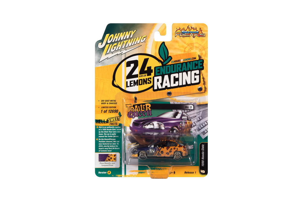 1998 Honda Civic, Metallic Purple w/Yellow Leopard Print - Johnny Lightning JLSF023/48A - 1/64 Scale Diecast Model Toy Car