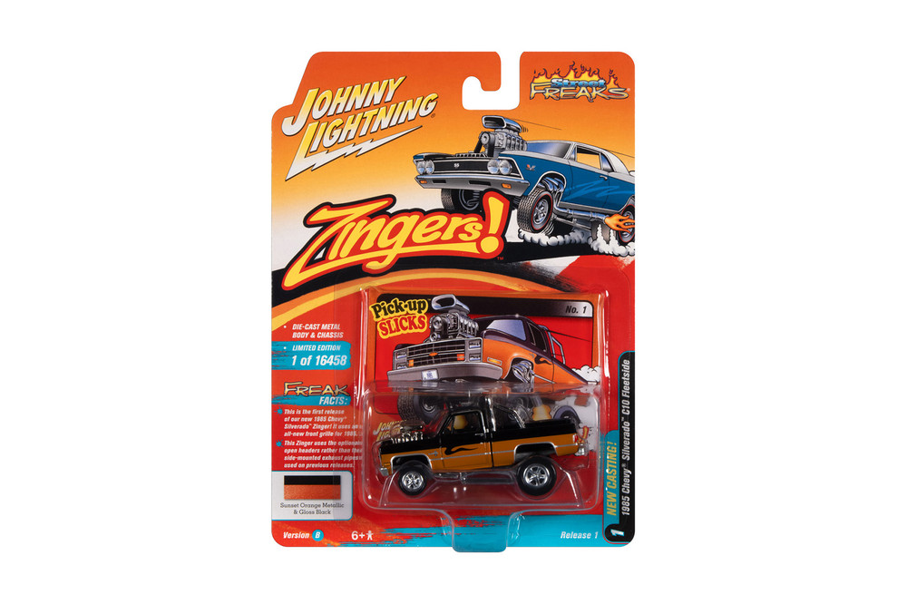 1985 Chevy Silverado, Gloss Black/Orange Metallic - Johnny Lightning JLSF023/48B - 1/64 Scale Diecast Model Toy Car