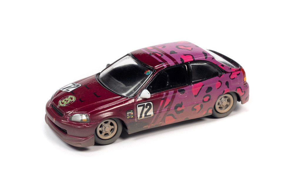 1998 Honda Civic, Metallic Burgundy w/Fuchsia Leopard Print - Johnny Lightning JLSF023/48B - 1/64 Scale Diecast Model Toy Car
