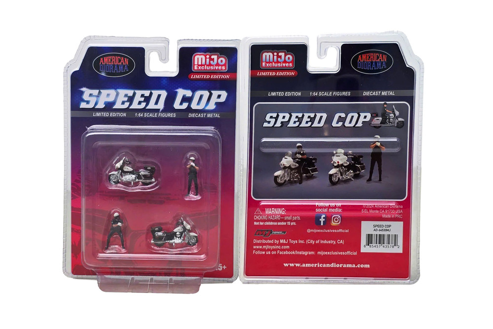 Speed Cop Figure & Bike 4pc. Set, Asstd - American Diorama AD-64530MJ - 1/64 Scale Figurine - Diorama Accessory