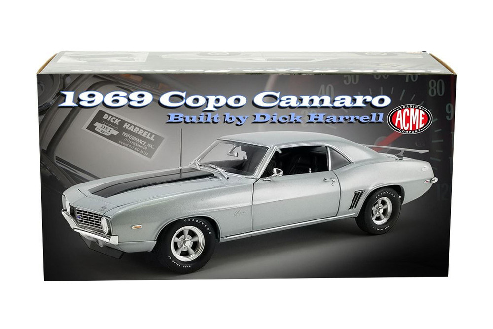 1969 Chevy Camaro Built by Dick Harrell, Cortez Silver w/Black Stripe - Acme A1805725 - 1/18 Scale Diecast Model Toy Car
