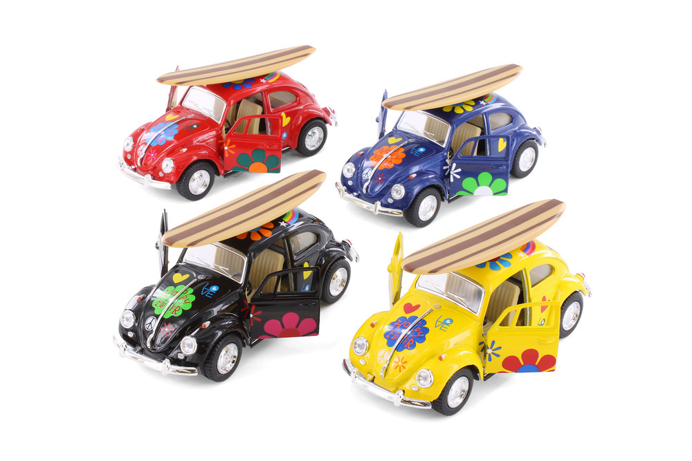 Box of 12 1967 Volkswagen Beetle Hard Top w/Decals & Surfboard, ASSTD - Kinsmart 5057DFS1 - 1/32 Scale Diecast Model Toy Cars