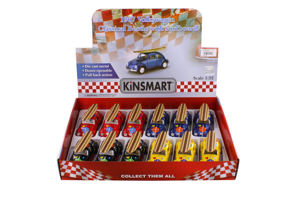 Box of 12 1967 Volkswagen Beetle Hard Top w/Decals & Surfboard, ASSTD - Kinsmart 5057DFS1 - 1/32 Scale Diecast Model Toy Cars
