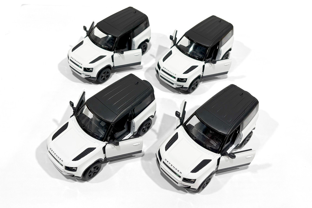Box of 12 Land Rover Defender 90, White w/Black Roof - Kinsmart