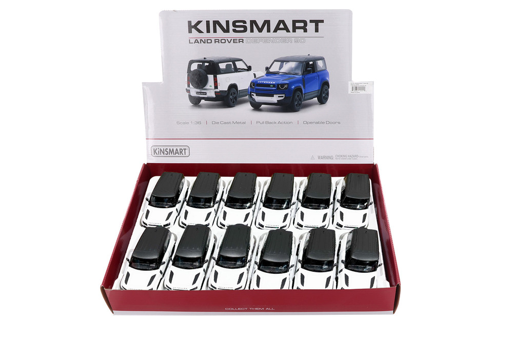 Box of 12 Land Rover Defender 90, White w/Black Roof - Kinsmart 5428DW - 1/36 Scale Diecast Model Toy Cars