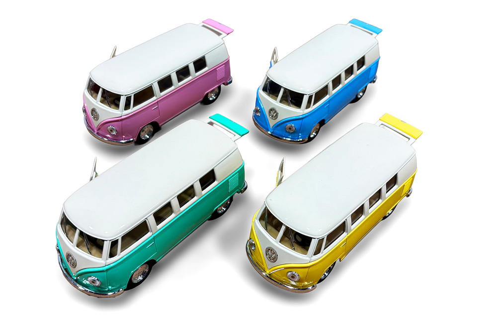 Box of 12 1962 Volkswagen Classical Bus, ASSTD - Kinsmart 5377DY - 1/32 Scale Diecast Model Toy Cars