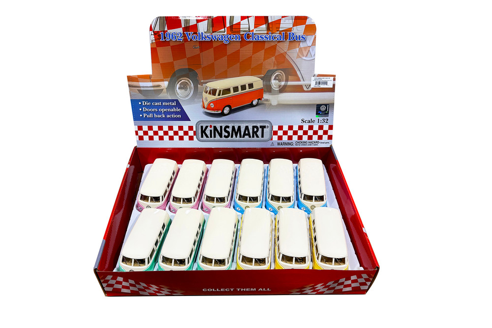 Box of 12 1962 Volkswagen Classical Bus, ASSTD - Kinsmart 5377DY - 1/32 Scale Diecast Model Toy Cars