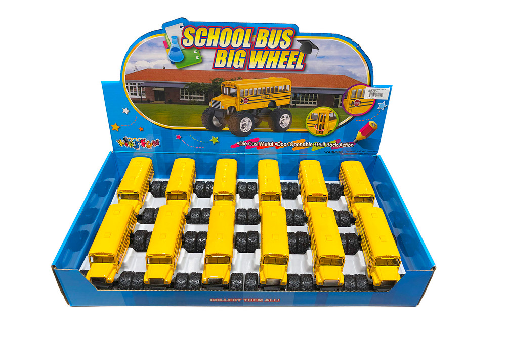 Box of 12 School Bus Big Wheel, Yellow - Kinsmart 5108D - 5" Scale Diecast Model Toy Cars