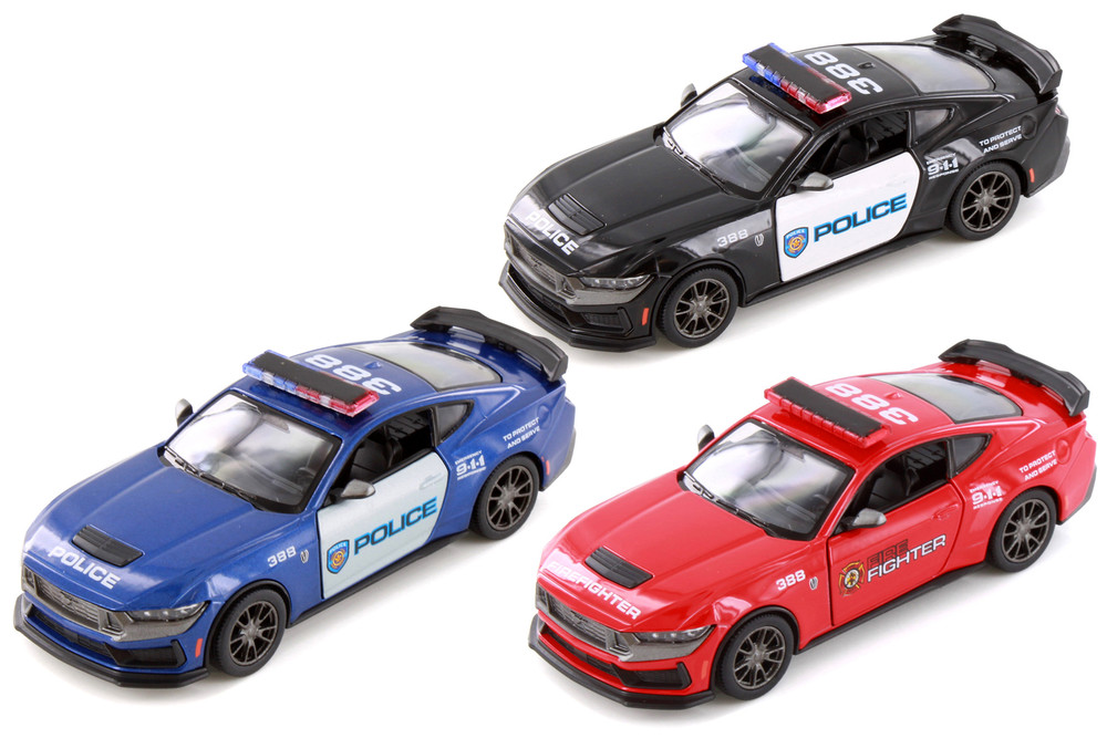 2024 Ford Mustang Dark Horse Police/Firefighter 3-Pack - Kinsmart - 1/38 Scale Diecast Model Toy Car
