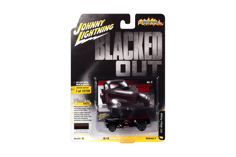 1941 Willys Gasser Pickup, Flat/Gloss Black w/Metallic Red - Johnny Lightning JLSF021/48B - 1/64 Scale Diecast Model Toy Car