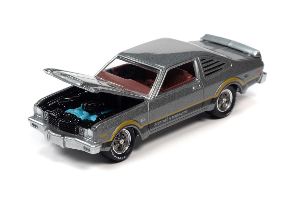 1976 Plymouth Road Runner, Silver Cloud Poly w/Black Side Stripes - Johnny Lightning JLMC028/48B - 1/64 Scale Diecast Model Car
