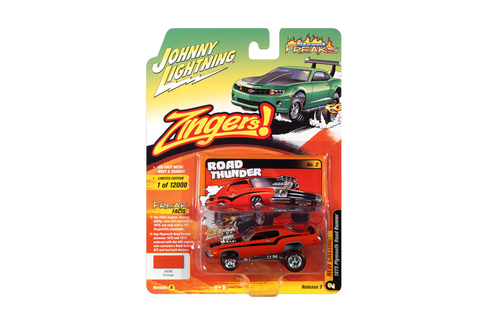 1973 Plymouth Road Runner, Hemi Orange - Johnny Lightning JLSF021/48B - 1/64 Scale Diecast Model Toy Car