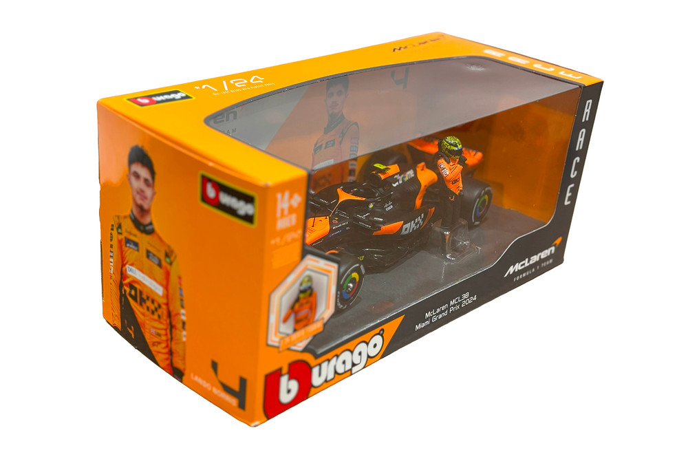 2024 McLaren MCL38 F1 Team w/Driver Figure, #4 Lando Norris - Bburago 18-28040/4 - 1/24 Scale Diecast Model Toy Car