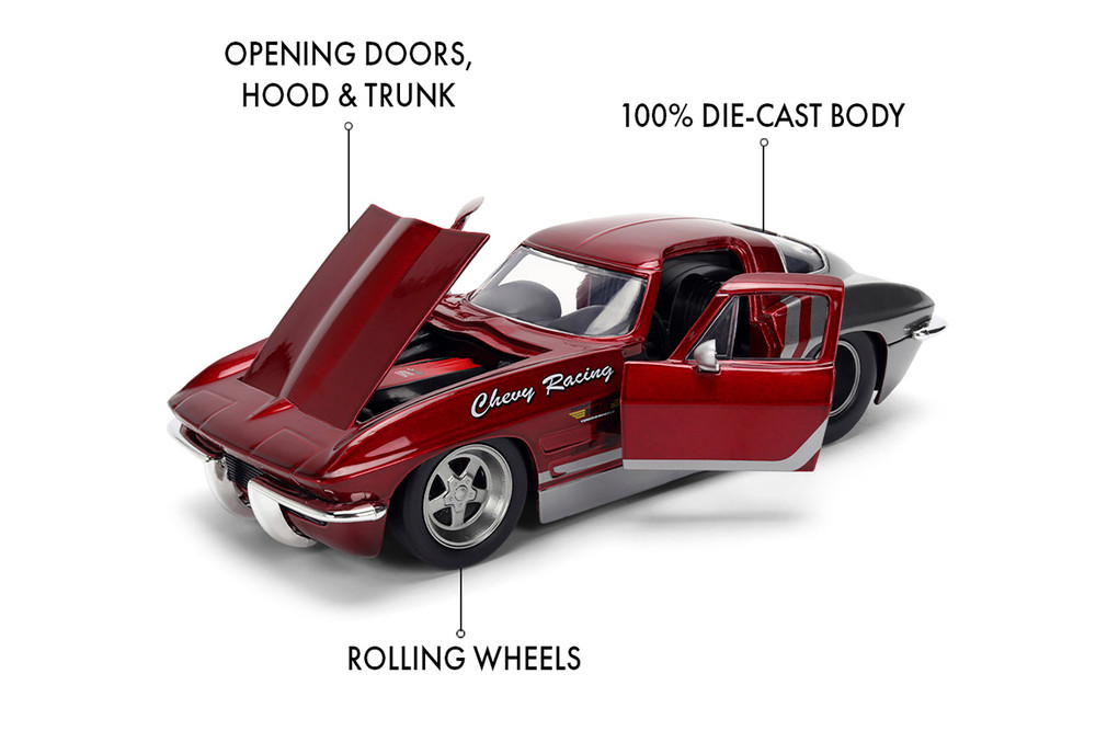1963 Chevy Corvette Stingray - Chevy Racing, Charcoal Red/Gray - Jada Toys 36459 - 1/24 Scale Diecast Model Toy Car